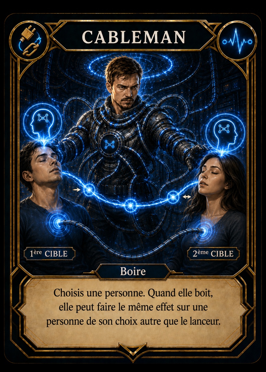 Carte Cableman, Transmission. Choisis une personne. Quand elle boit, elle peut faire le même effet sur une personne de son choix autre que le lanceur.