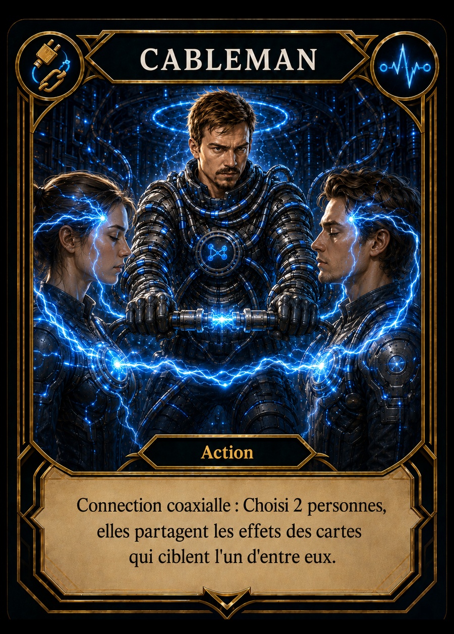 Carte Cableman, Connexion coaxiale. Choisis 2 personnes : elles partagent les effets des cartes qui ciblent l’une d’elles.