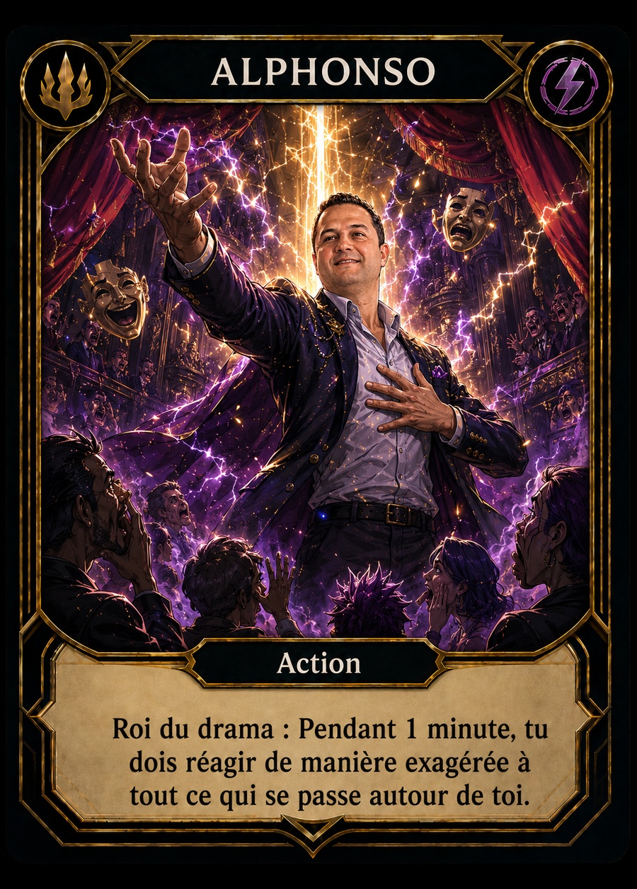 Carte Alphonso, Roi du drama. Pendant 1 minute, réagis de manière exagérée à tout ce qui se passe autour de toi.