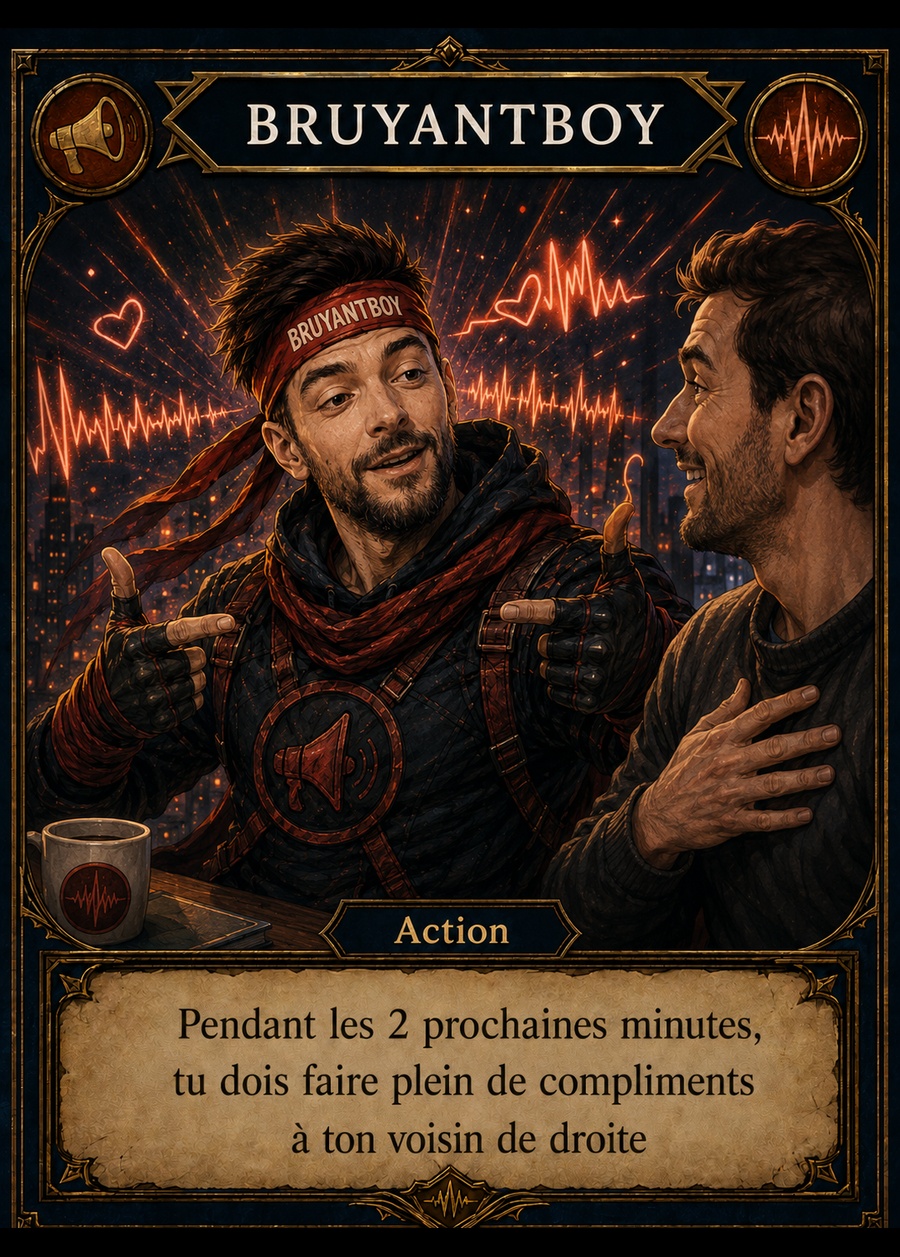 Carte Bruyantboy, Pluie de compliments. Pendant les 2 prochaines minutes, fais plein de compliments à ton voisin de droite.