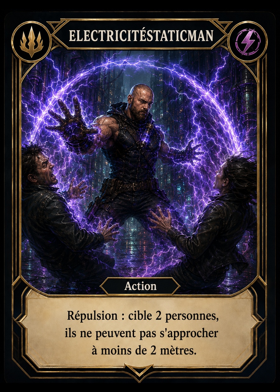 Carte Electricitéstaticman, Répulsion. Cible 2 personnes : elles ne peuvent pas s’approcher à moins de 2 mètres.