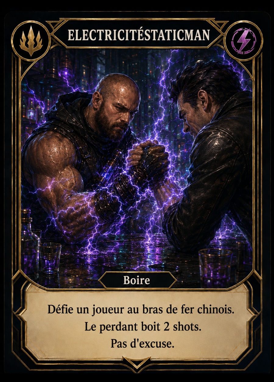 Carte Electricitéstaticman, Bras de fer statique. Défie un joueur au bras de fer chinois. Le perdant boit 2 shots. Pas d’excuse.